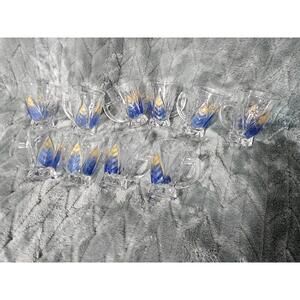 (Set of 10) Vintage Alpine Cuisine Glass Tea Cups Blue/Gold Clear w/ Handle 3.5"